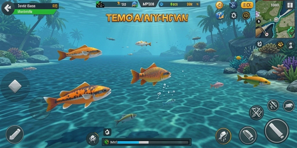 Screenshot MPO08 menampilkan aksi seru dalam menembak ikan.