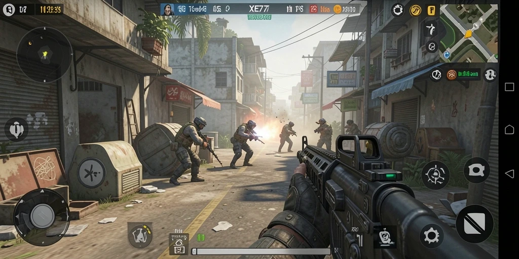 Tampilan gameplay XE77 dengan aksi menegangkan di medan perang.